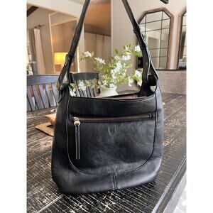 Joy Susan Black Shoulder Bag Hobo Purse Gold Zip Vegan Leather